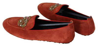 Orange Leather Crystal Crown  Loafers Shoes