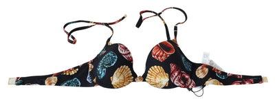 Black Seashells Print Halter Swimwear Bikini Tops