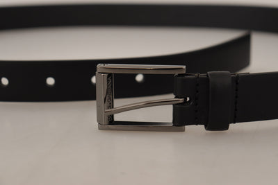 Black Calf Leather Vintage Steel Logo Buckle Belt