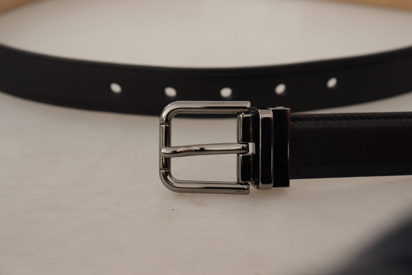 Black Calf Leather Logo Engraved Metal Buckle Belt