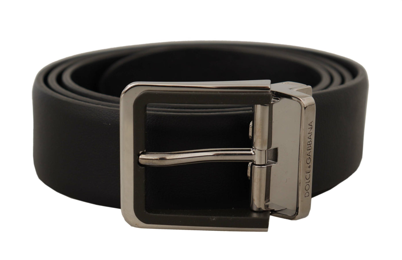 Black Calf Leather Logo Engraved Metal Buckle Belt