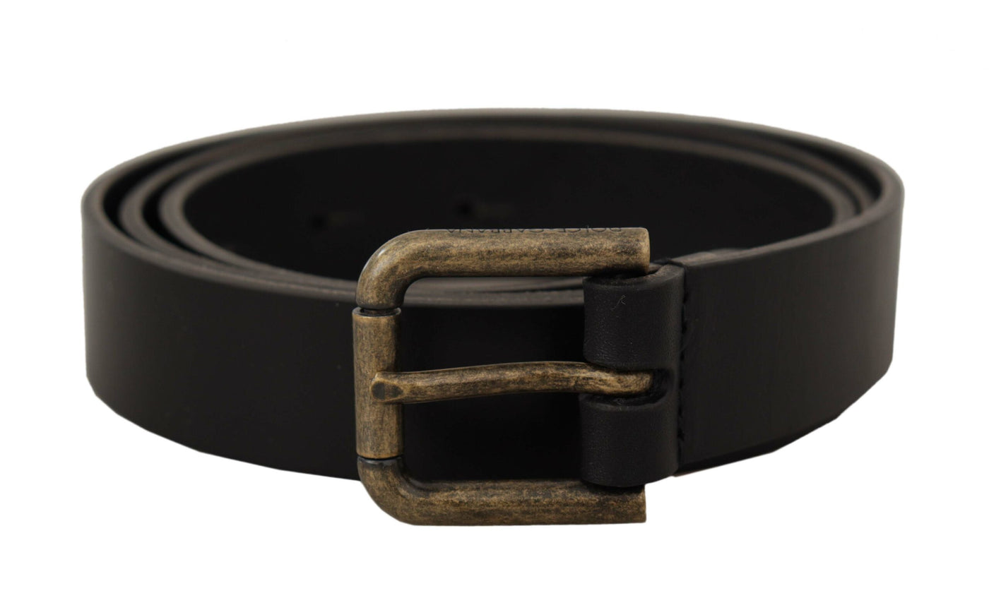 Black Calf Leather Logo Brass Metal Buckle Belt