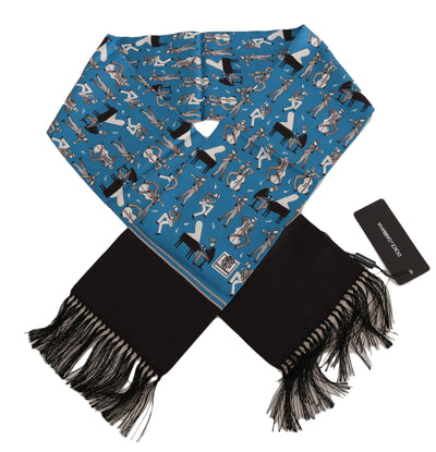 Blue 100% Silk Music Print Shawl s. 15x140cm Scarf