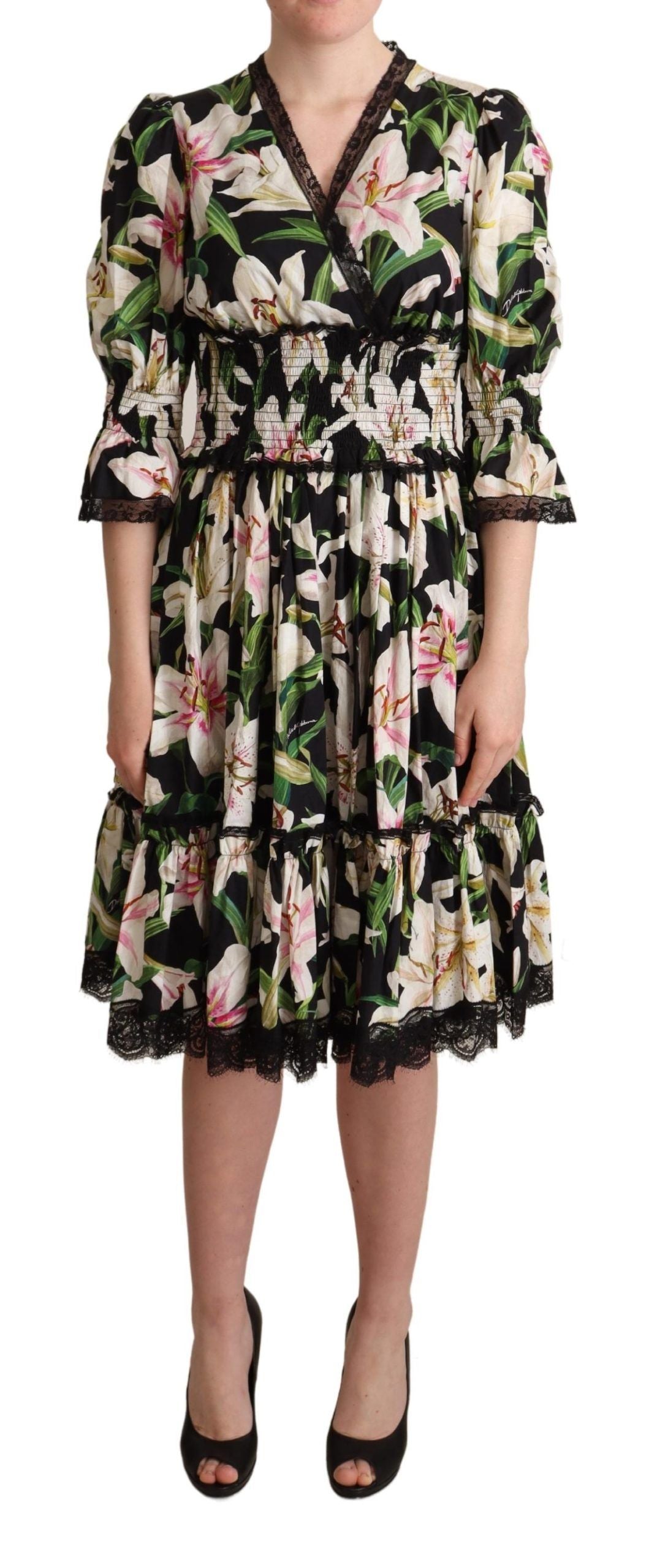 Black Cotton Lily Print Lace Trim Dress