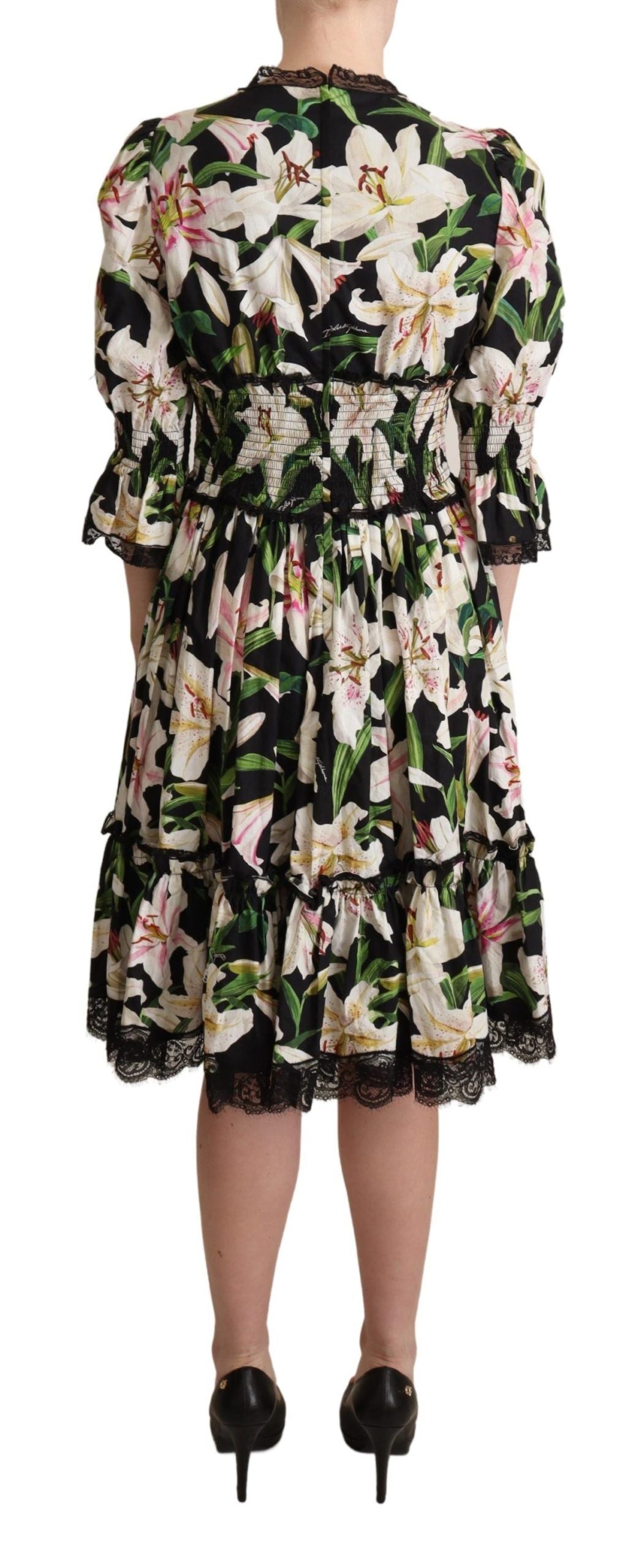 Black Cotton Lily Print Lace Trim Dress