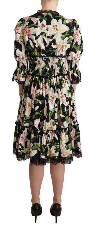 Black Cotton Lily Print Lace Trim Dress