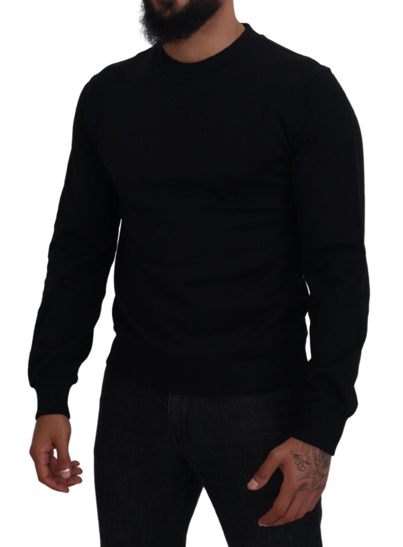 Black Cotton Crew Neck Pullover Sweater