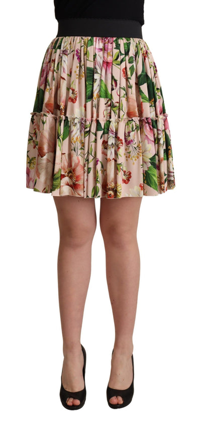 Pink Floral Print Silk High Waist Mini Skirt