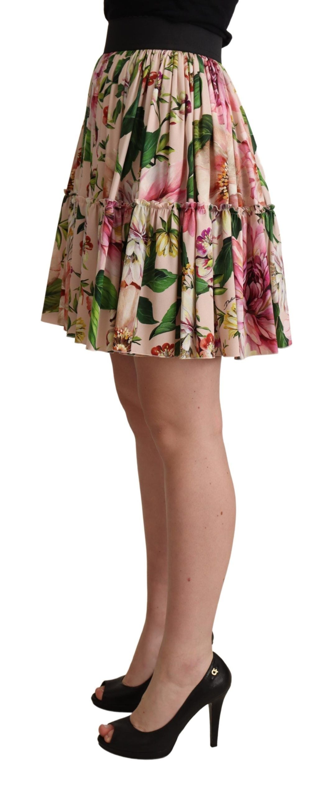 Pink Floral Print Silk High Waist Mini Skirt