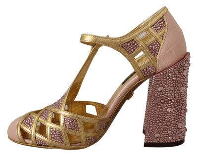 Pink Gold Leather Crystal Pumps T-strap Shoes