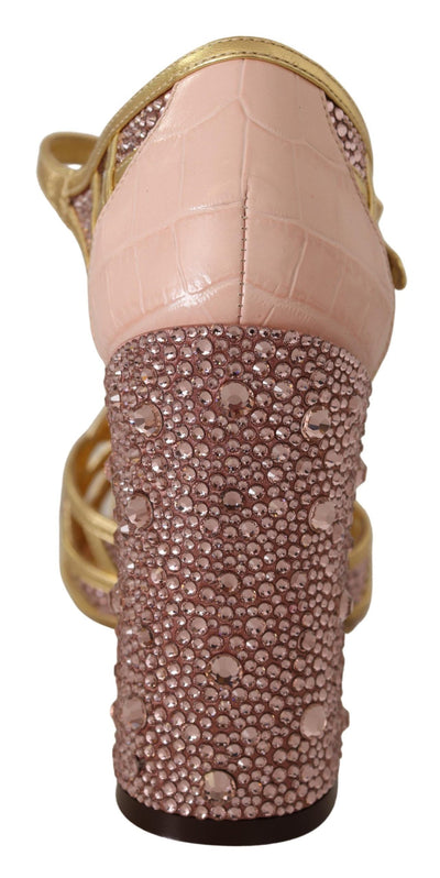 Pink Gold Leather Crystal Pumps T-strap Shoes