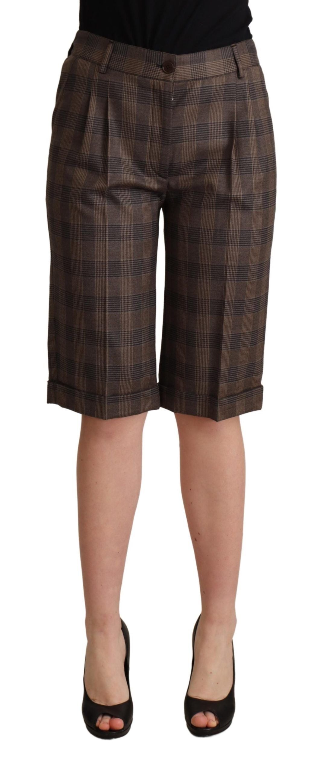 Brown Checkered Wool Bermuda Mid Waist Shorts