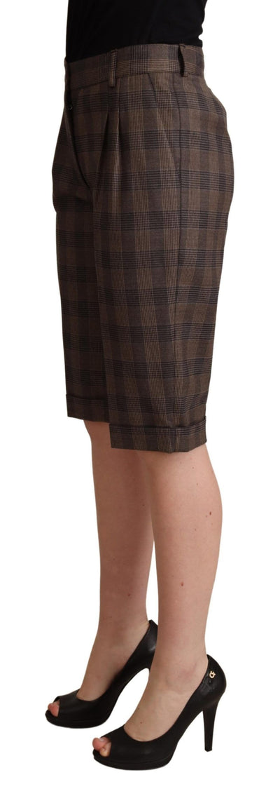 Brown Checkered Wool Bermuda Mid Waist Shorts