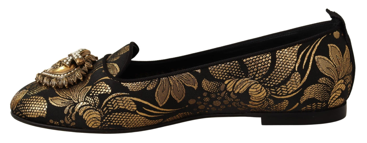 Black Gold Amore Heart Loafers Flats Shoes