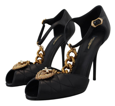 Black Leather Gold Devotion Heart Sandals Shoes