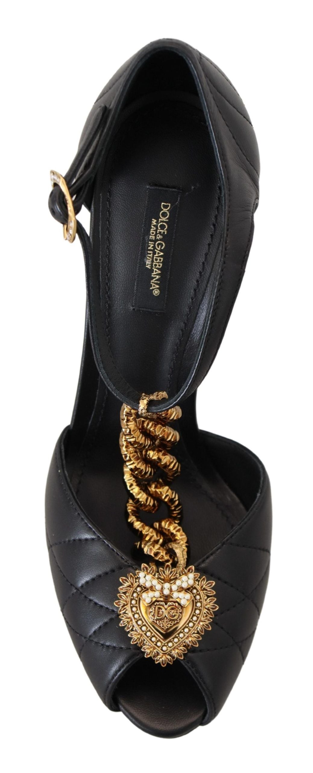 Black Leather Gold Devotion Heart Sandals Shoes