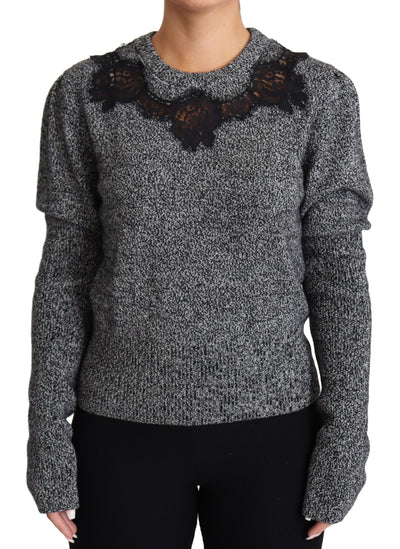 Gray Lace Trimmed Pullover Cashmere Sweater