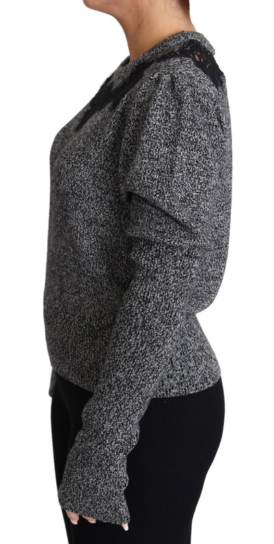 Gray Lace Trimmed Pullover Cashmere Sweater