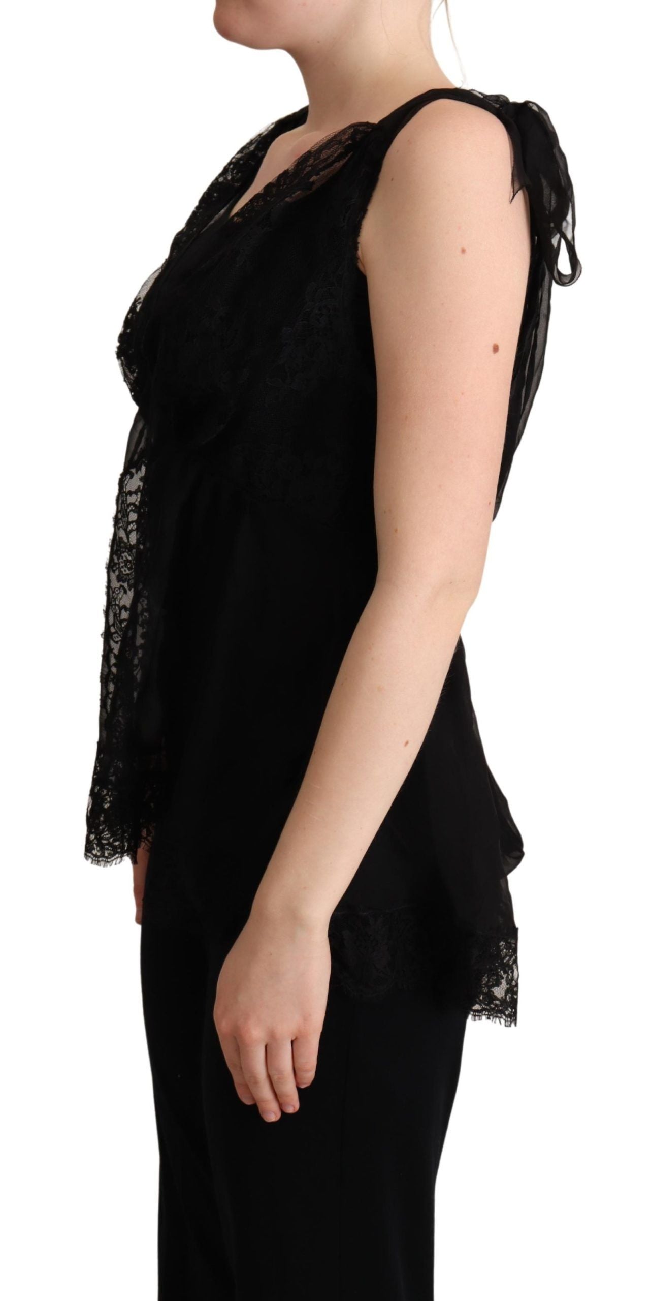 Black Silk Lace Trim Camisole Tank Top