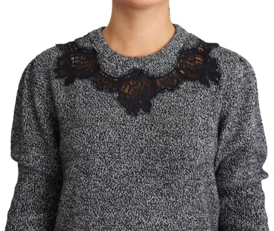 Gray Lace Trimmed Pullover Cashmere Sweater