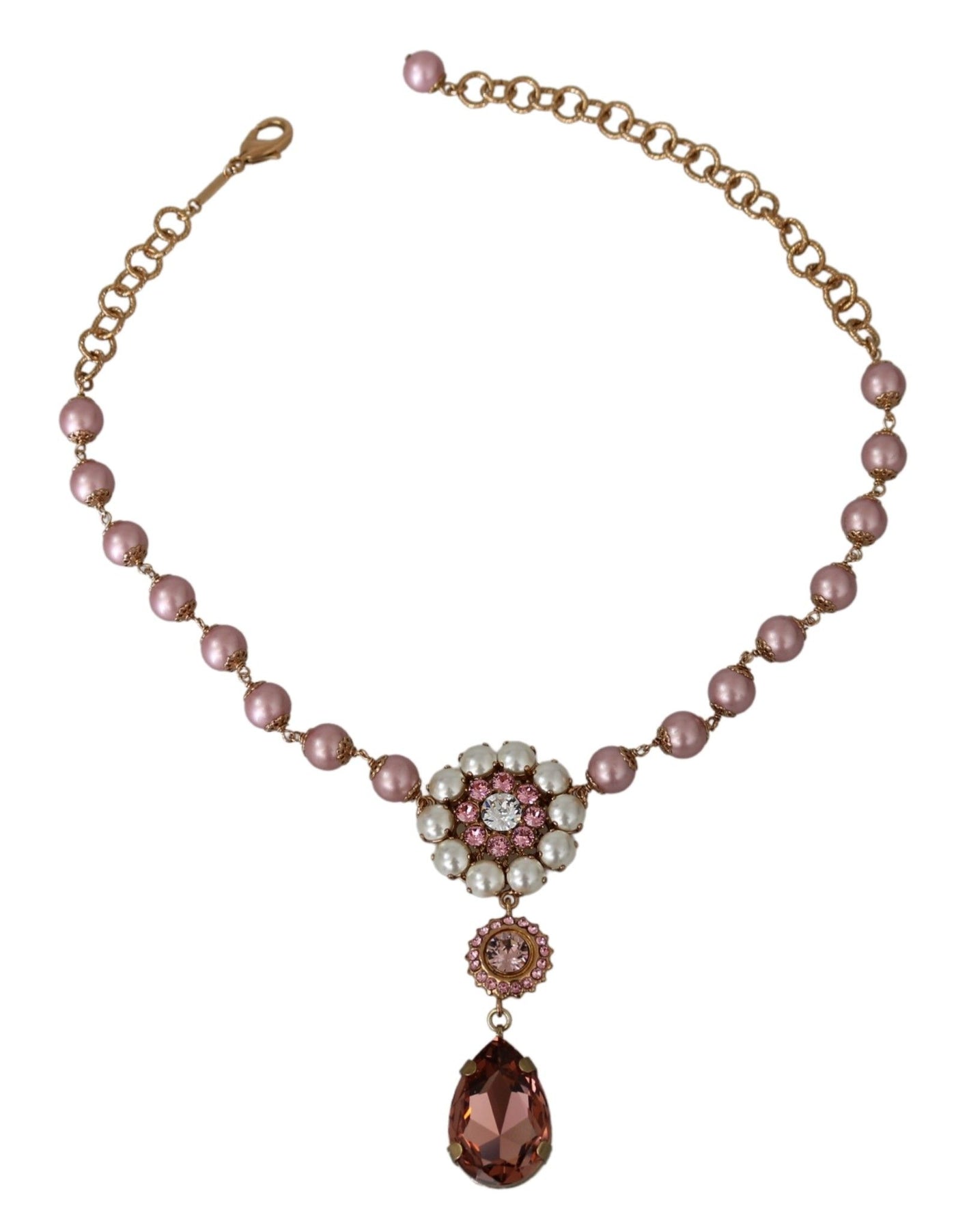 Pink Faux Pearl Teardrop Rhinestones Pendant Necklace