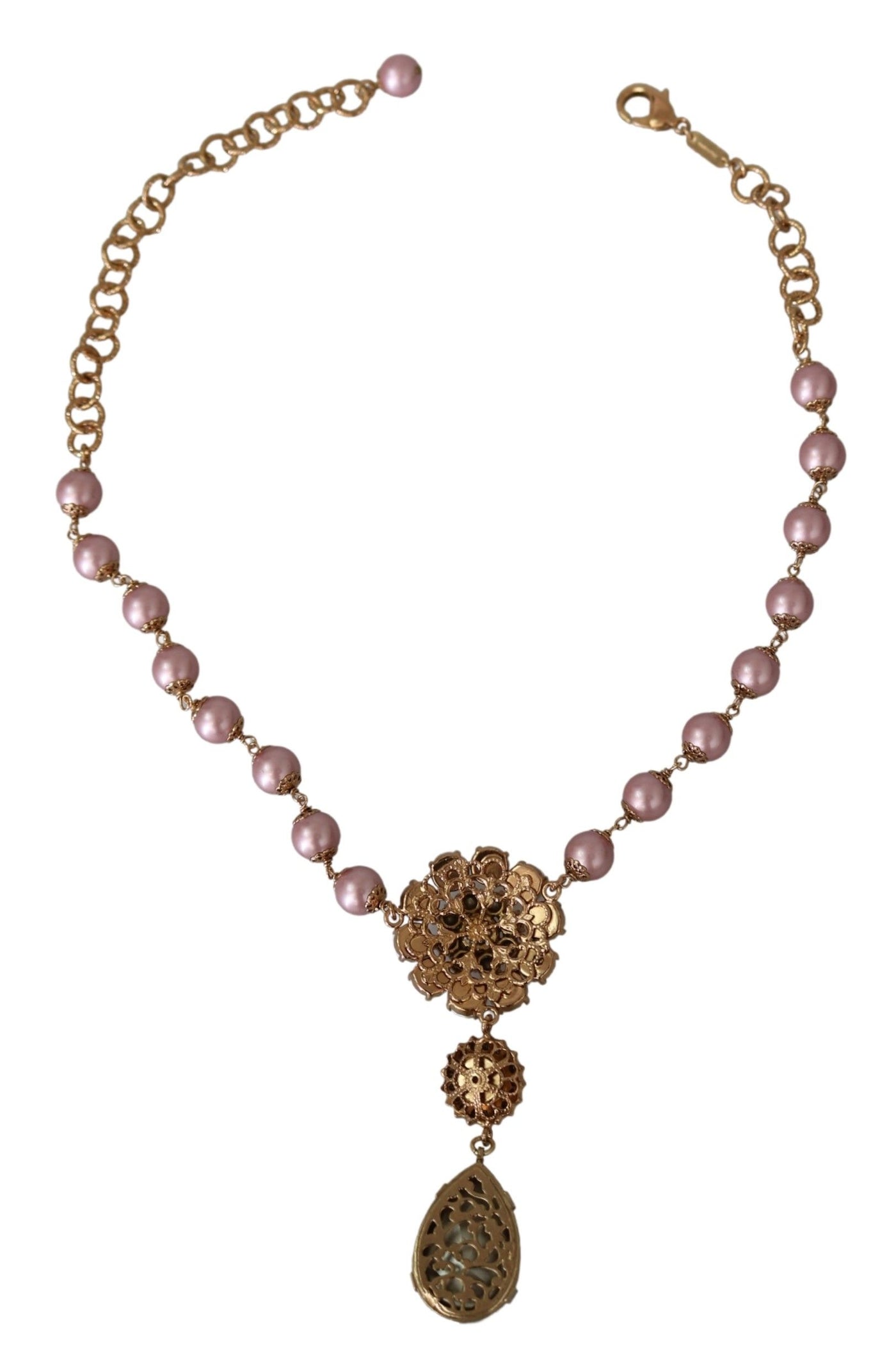 Pink Faux Pearl Teardrop Rhinestones Pendant Necklace