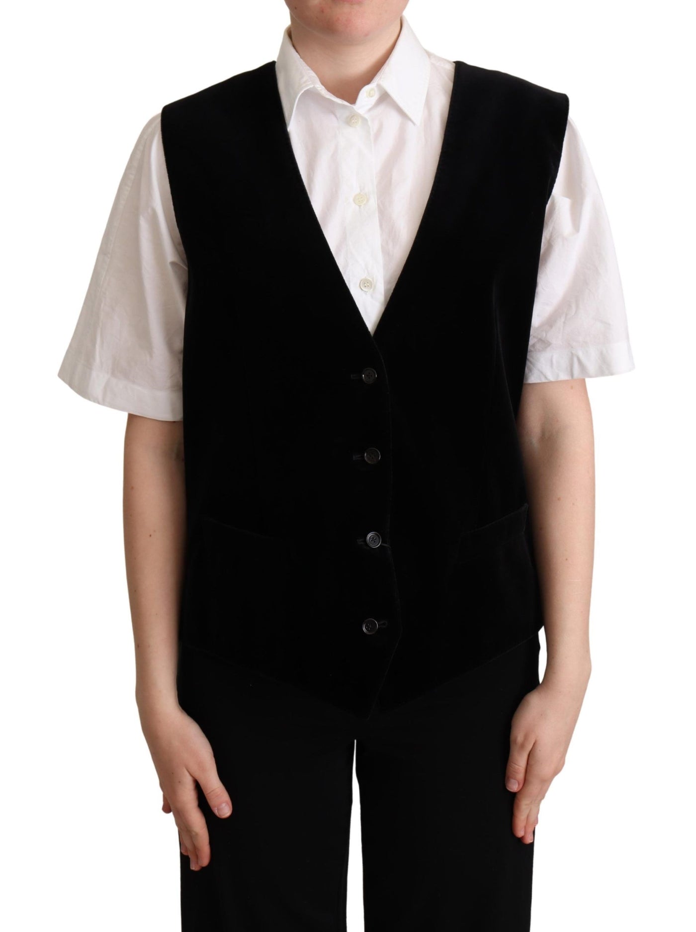 Black Cotton Leopard Print Waistcoat Vest