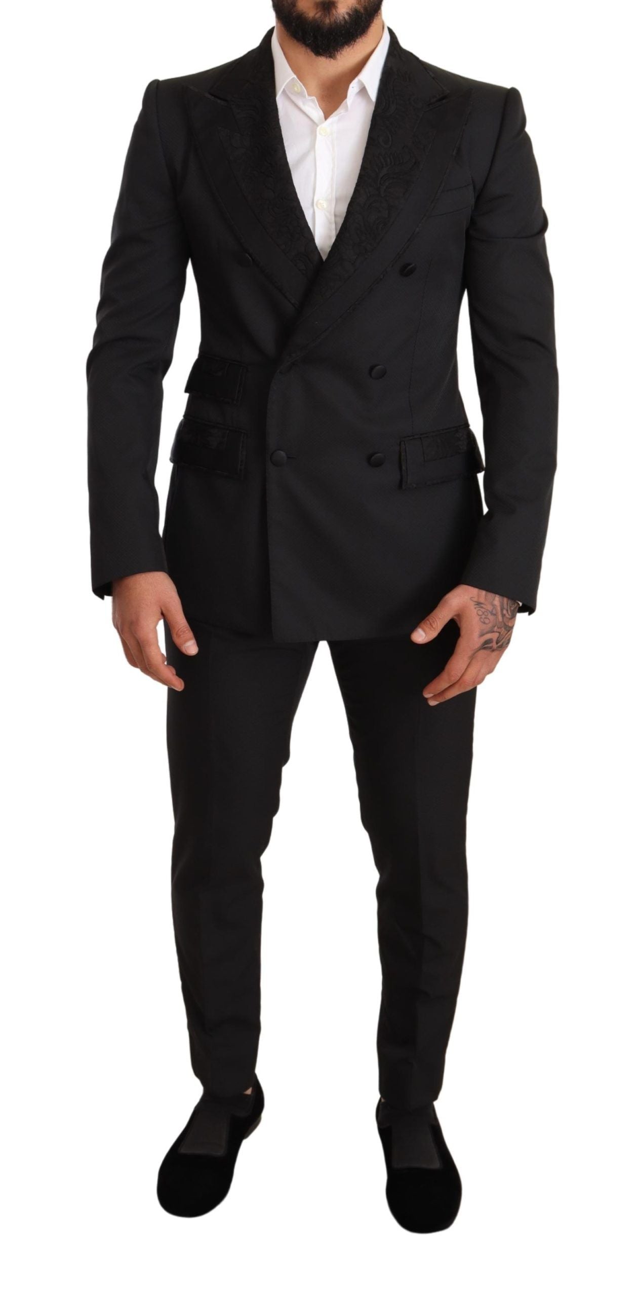 Black Brocade 2 Piece Set Polyester Suit