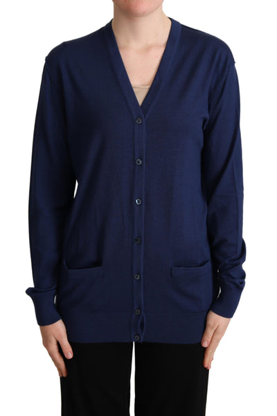 Blue Virgin Wool Button Down Cardigan Sweater