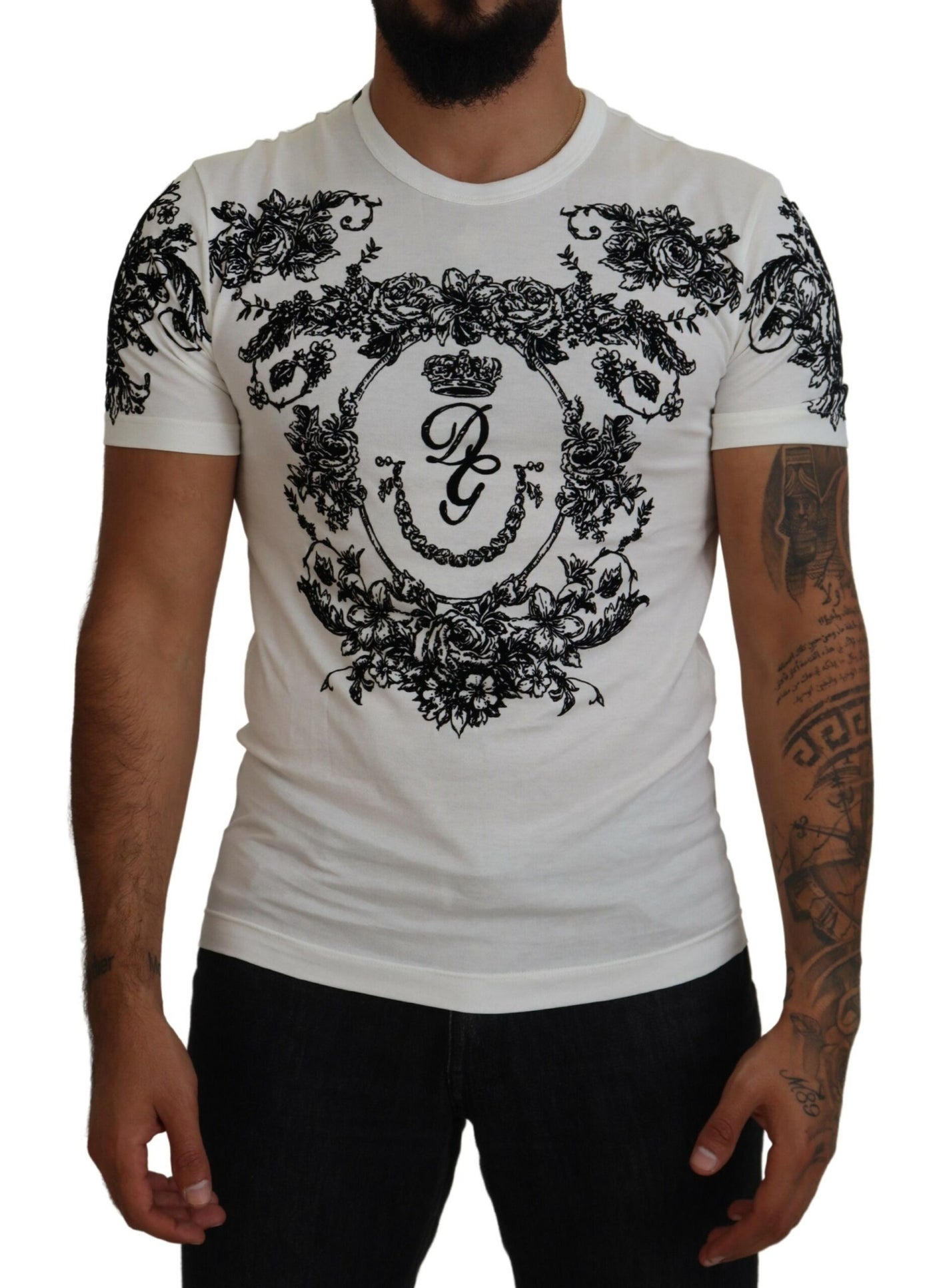 White DG Crown Floral Crewneck Men T-shirt