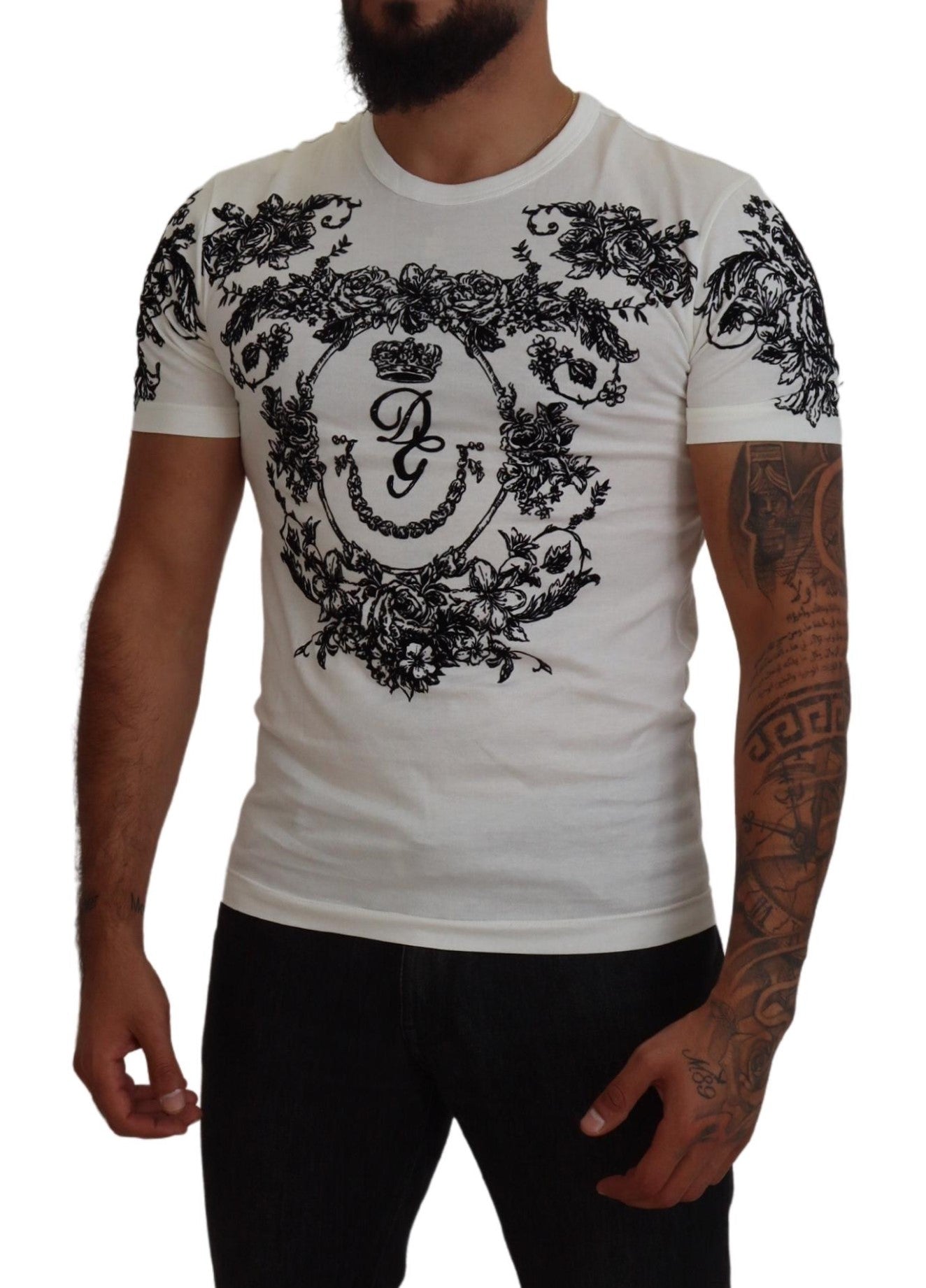 White DG Crown Floral Crewneck Men T-shirt