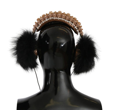 Gold Black Crystal Fur Headset Audio Headphones