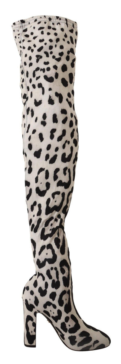 White Black Leopard Stretch Long Boots