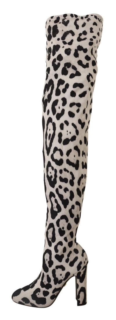 White Black Leopard Stretch Long Boots