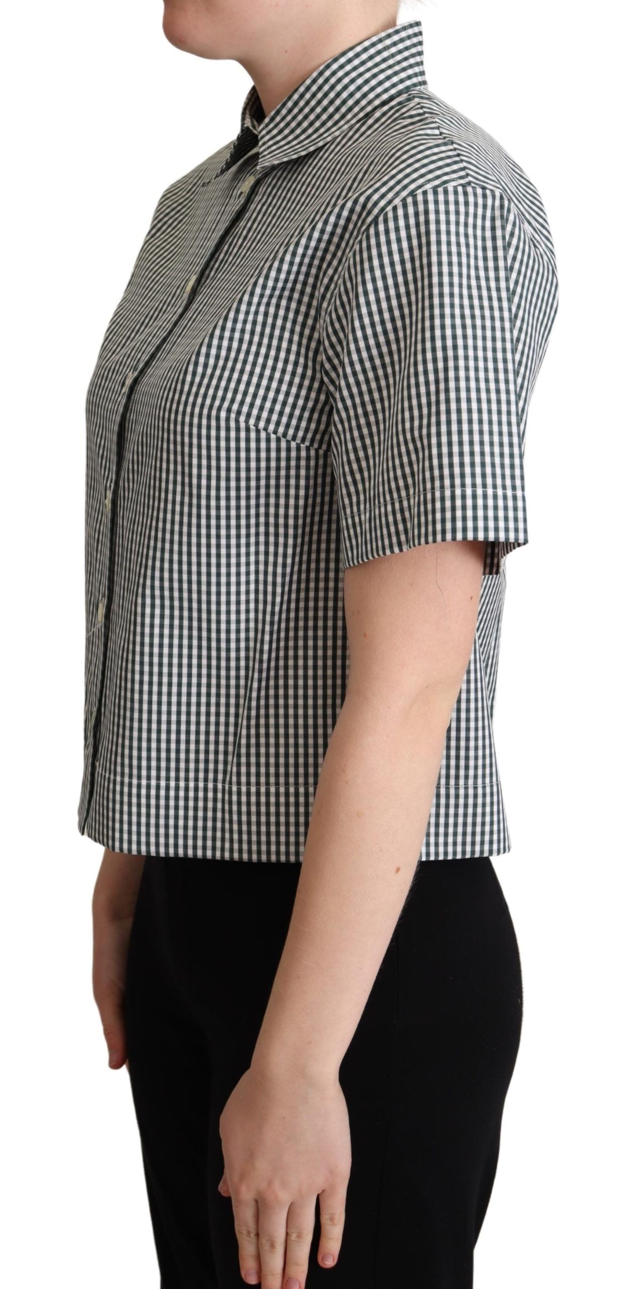 White Green Cotton Check Shirt Blouse Top