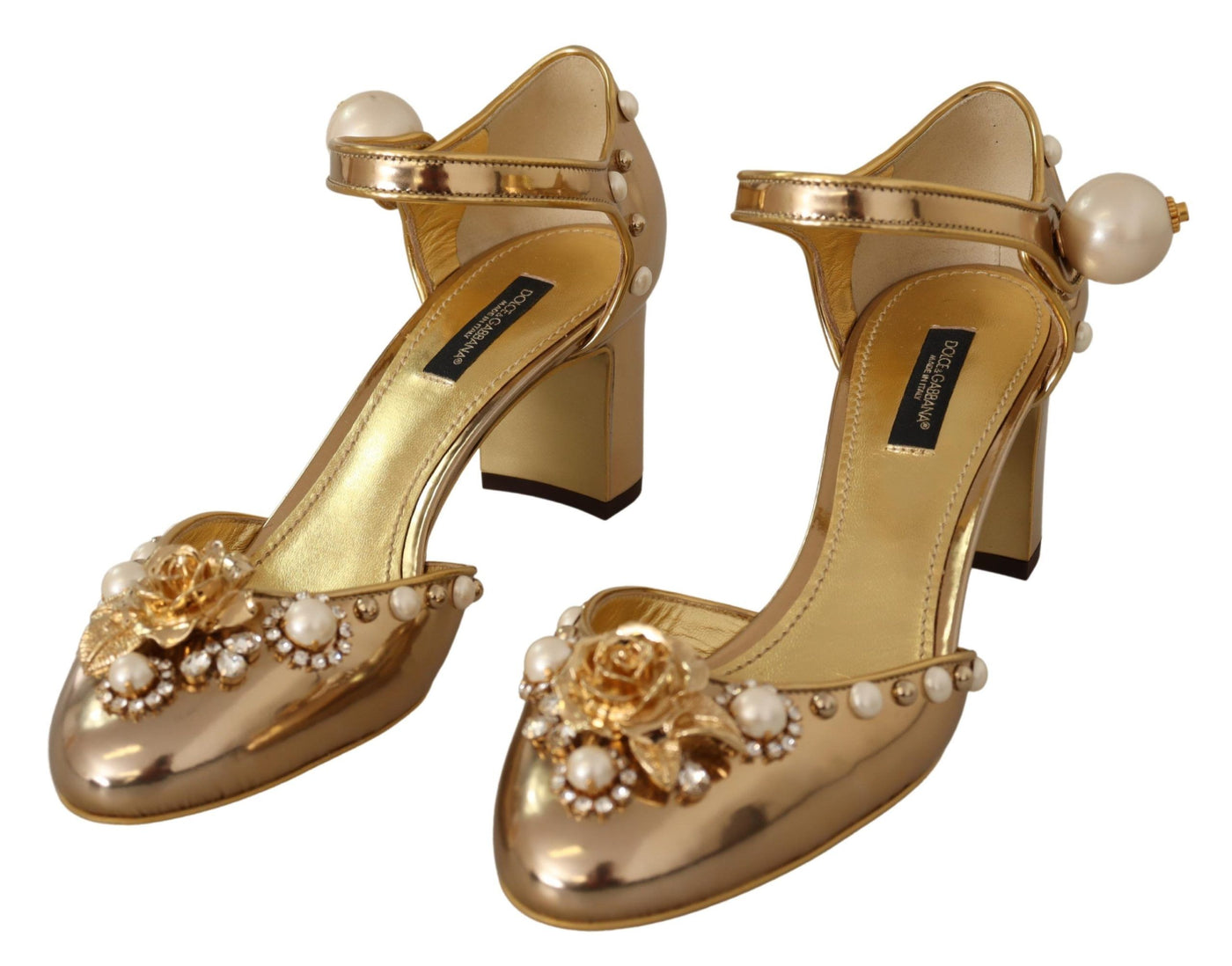 Gold Leather Studded Crystal Ankle Strap Shoes