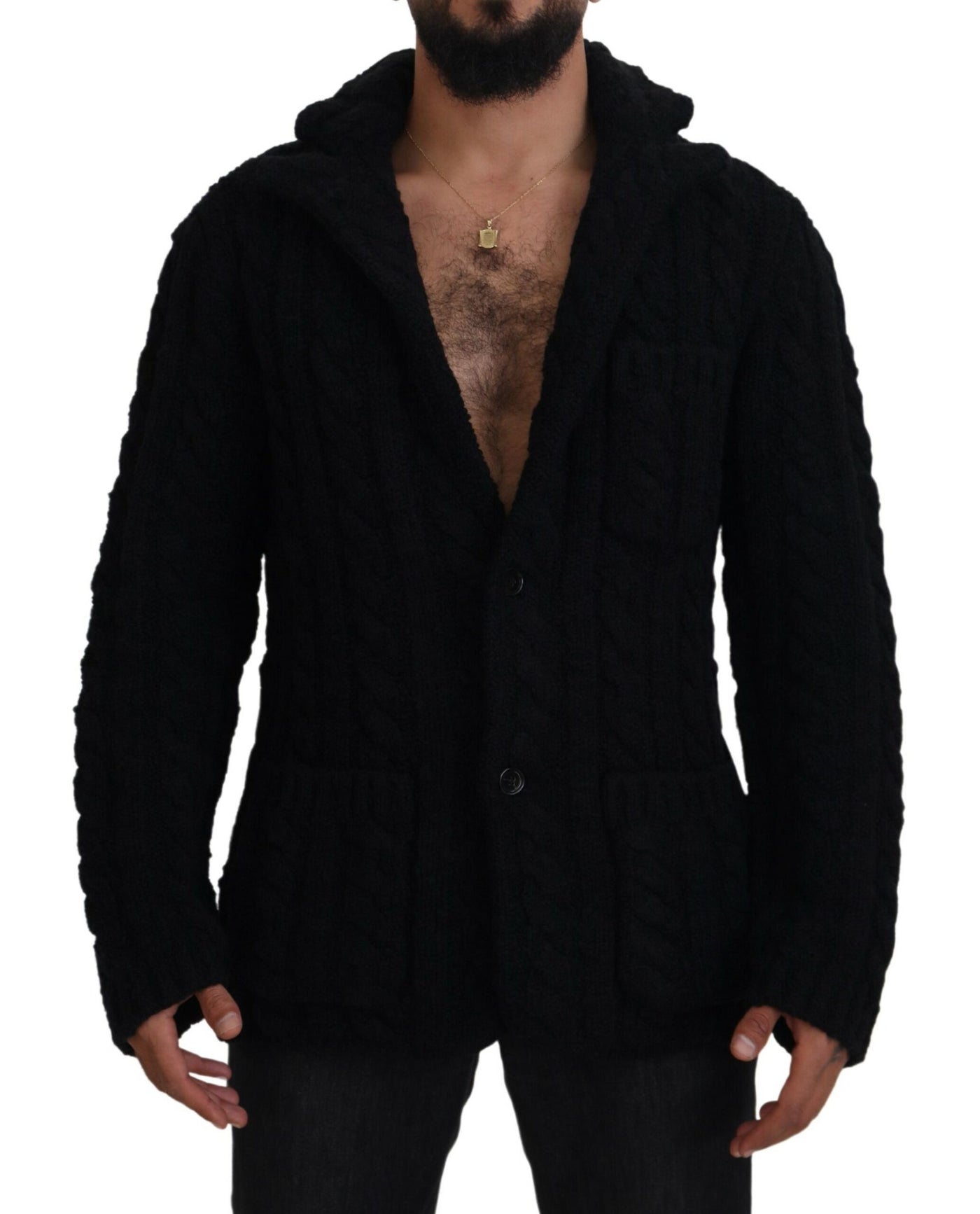 Black Wool Knit Button Cardigan Sweater