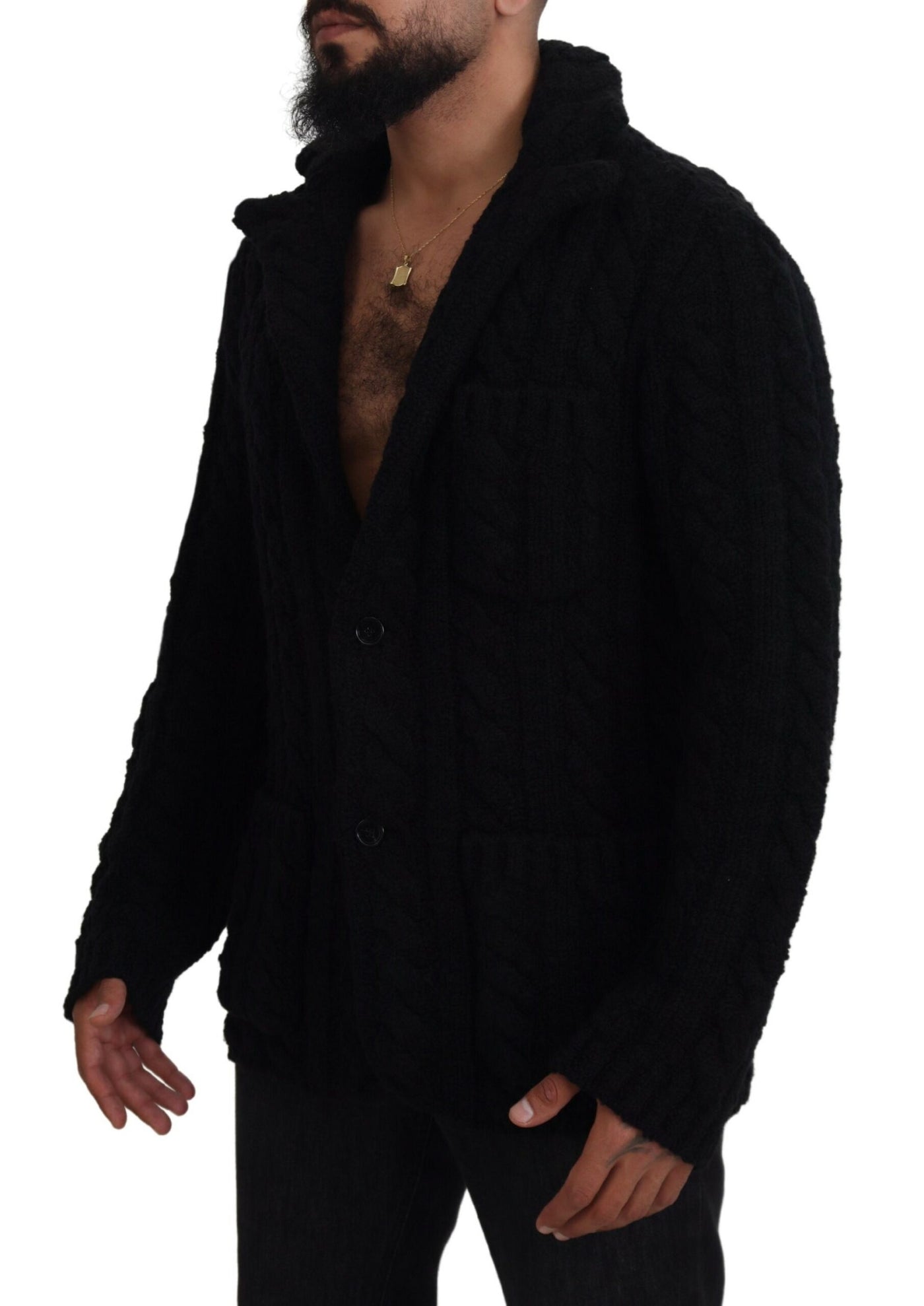 Black Wool Knit Button Cardigan Sweater