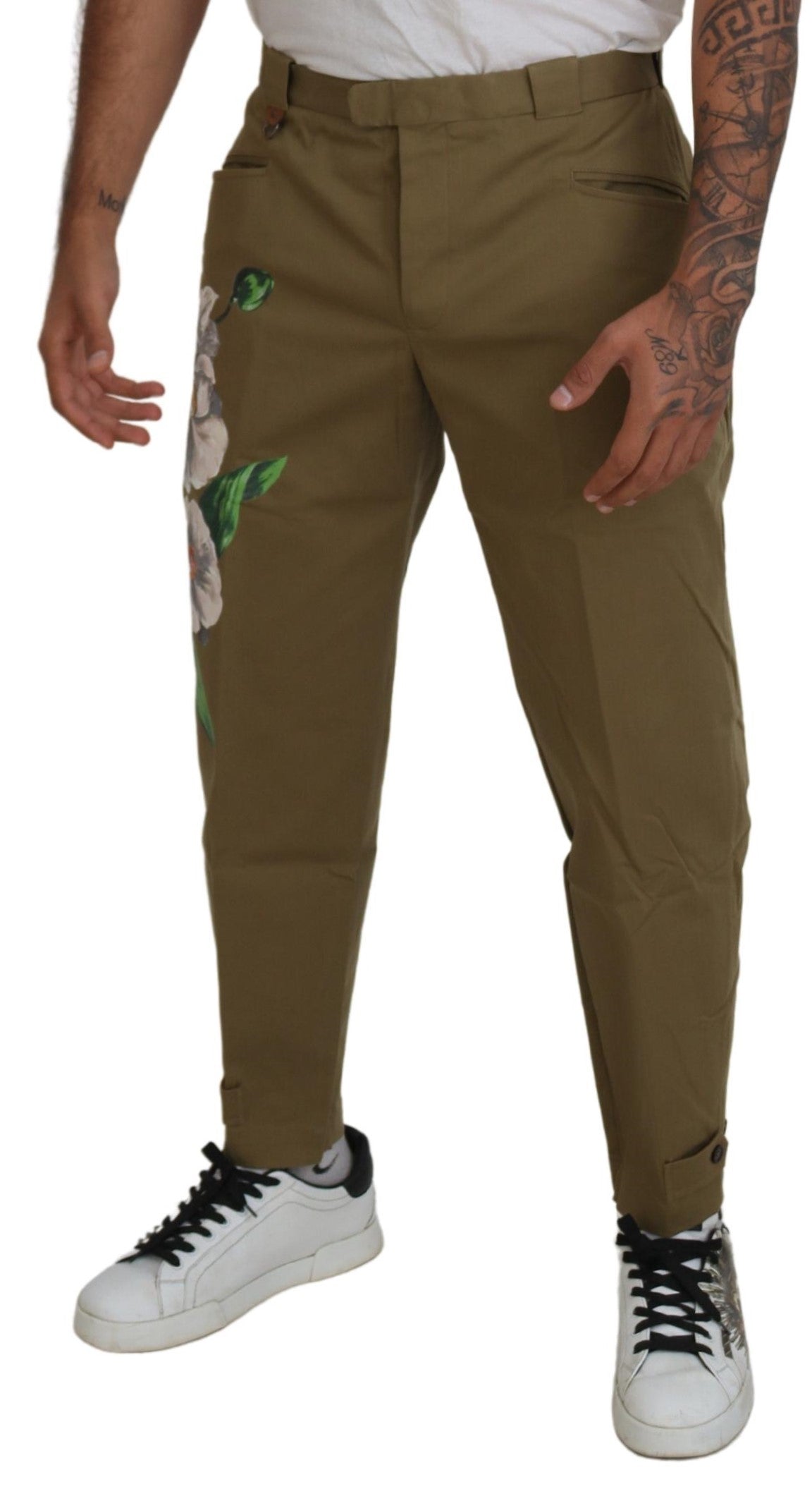 Beige Cotton Stretch Floral Chinos Pants