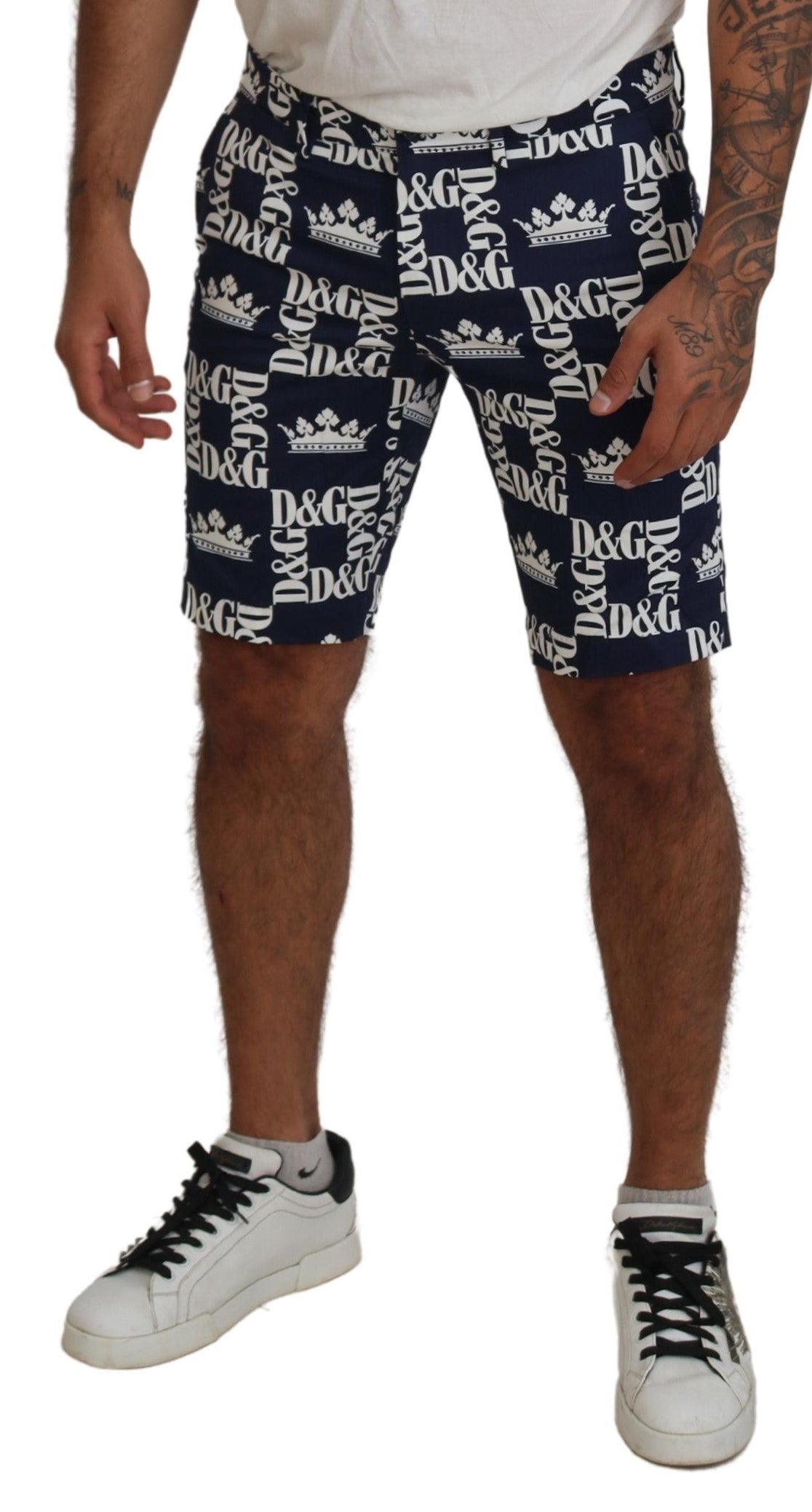 Blue Logo Print Cotton Chinos Shorts