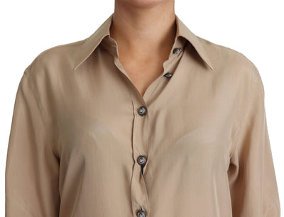 Beige Silk Shirt Decorative Buttons Top