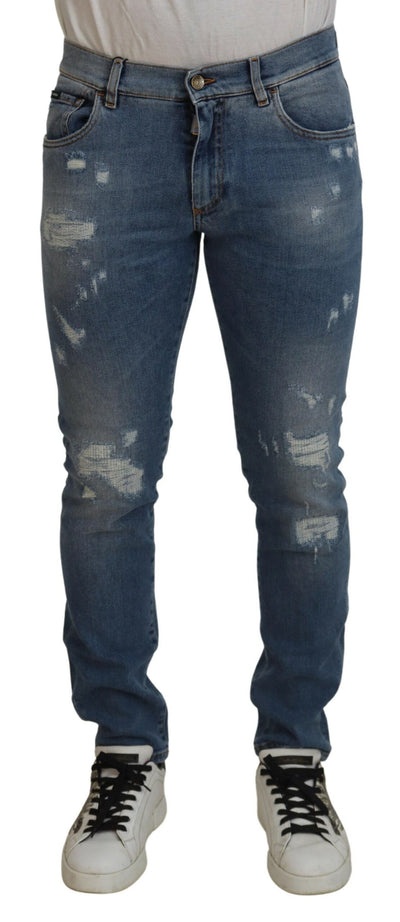 Blue Slim Fit Tattered Cotton Denim Jeans