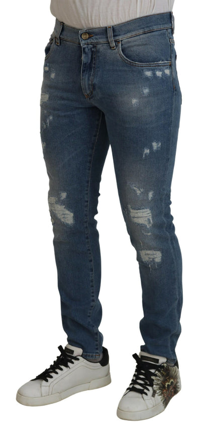 Blue Slim Fit Tattered Cotton Denim Jeans