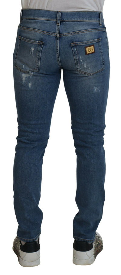 Blue Slim Fit Tattered Cotton Denim Jeans