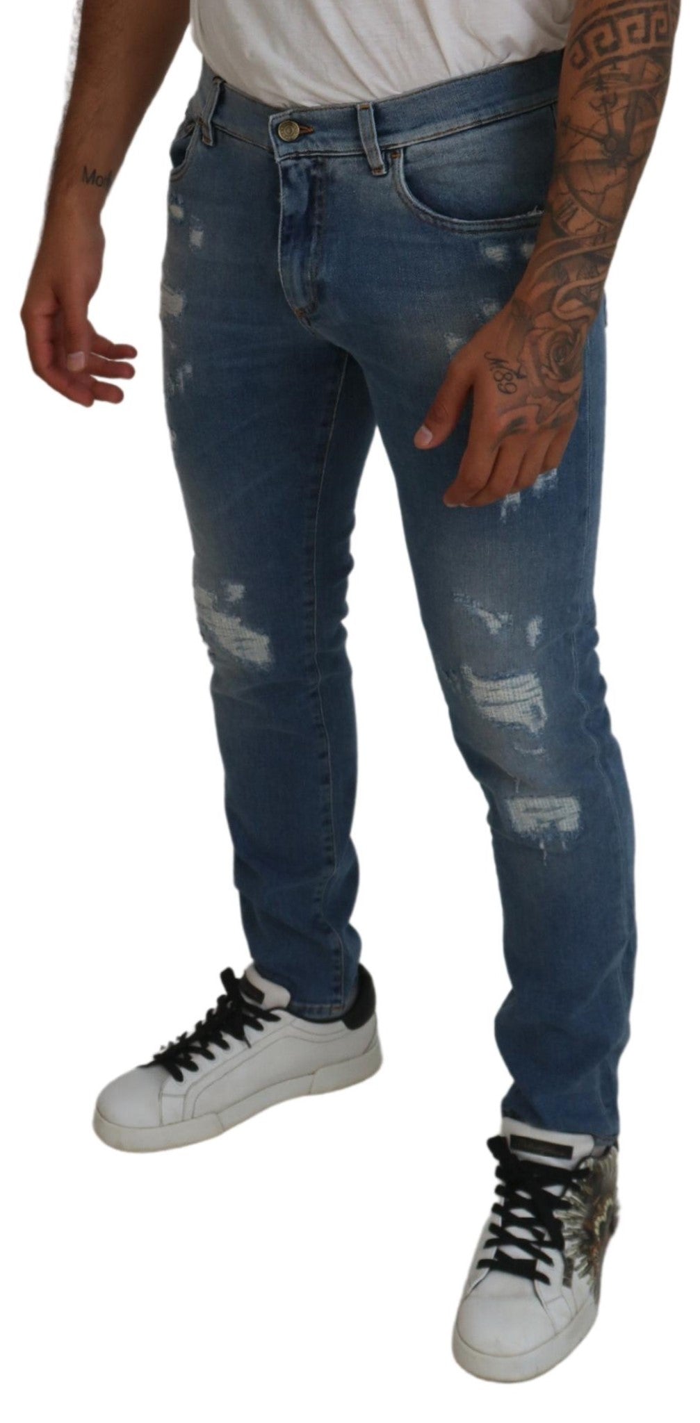 Blue Slim Fit Tattered Cotton Denim Jeans