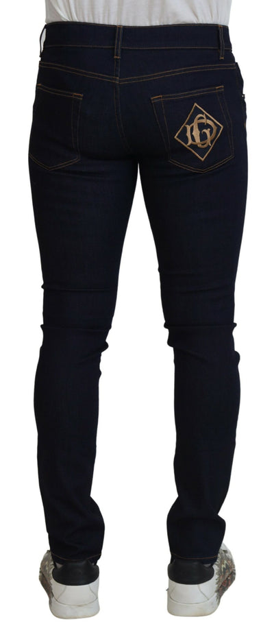 Blue Cotton Skinny Denim Logo Embroidery Jeans