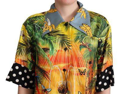 Multicolor Jungle Tropical Polka Dot Print Silk Shirt