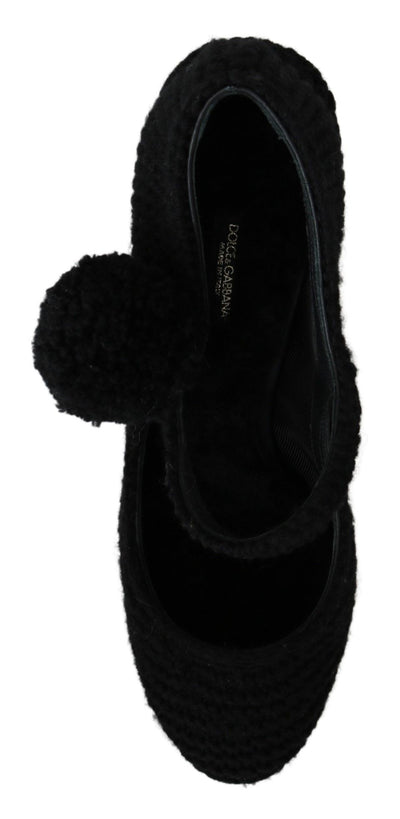 Black Pom Pom Block Heels Mary Jane Shoes