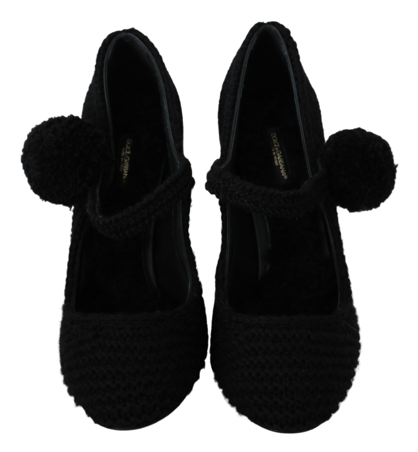 Black Pom Pom Block Heels Mary Jane Shoes