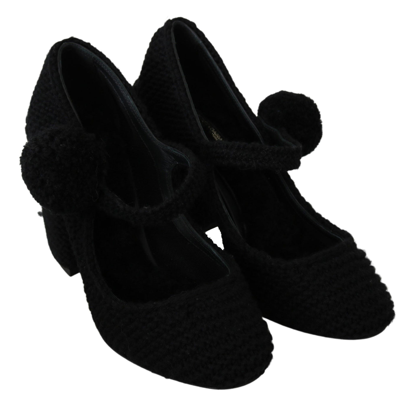 Black Pom Pom Block Heels Mary Jane Shoes